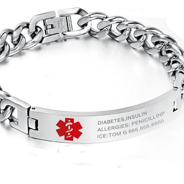 Personalized Silver Medical ID Bracelet Steel Engraved Custom Alert Bracelets Wristband Gift Allergy Emergency Diabetic ICE Info