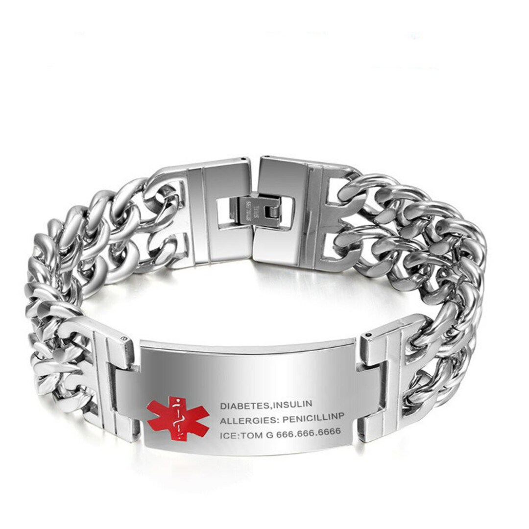 Personalized Engraved Medical Alert ID Bracelet For Men & Women, 8-Inch Stainless Steel Bangle With Chain