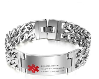 Men Personalized Medical Alert ID Bracelet Tag Bangle Wrist Cuba Link Chain Free Engraving