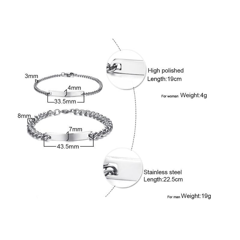 May include: Two silver-toned stainless steel chain bracelets with rectangular identification plates. The top bracelet is 19cm long, 3mm wide, and 4g. The bottom bracelet is 22.5cm long, 8mm wide, and 19g. Both feature high-polished surfaces and links.