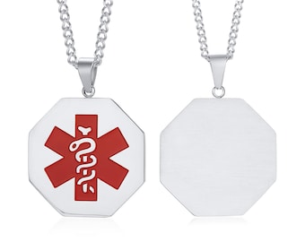Gepersonaliseerde medische alarm-ID-hanger voor mannen en vrouwen, medische herdenkingsketting van roestvrij staal met nood- en militaire tekstlabels.