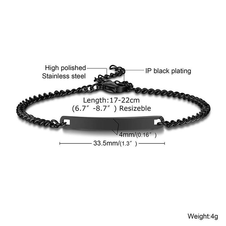 May include: A black stainless steel chain bracelet with a central rectangular ID plate. The bracelet features IP black plating, a high polished finish, and a lobster clasp. It measures 17-22 cm (6.7-8.7 inches) in length, 4 mm (0.16 inches) wide, 33.5 mm (1.3 inches) long, and weighs 4g.