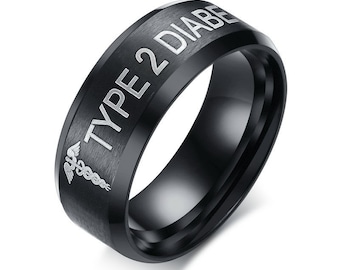 8mm Band  Ring for Men Black Custom Medical Alert ID Ring Emergency Free Engraving