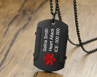 Personalized Black Medical Alert ID Pendant, Stainless Steel Custom Text  Photo Thick Tough Man Emergency Memorial Dog ID Tag