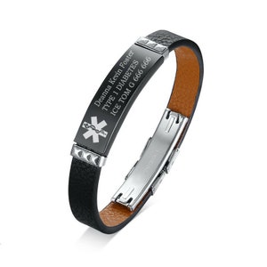 Customize Medical Alert Stailess Steel ID Tag Bracelet Black Leather Free Engraving