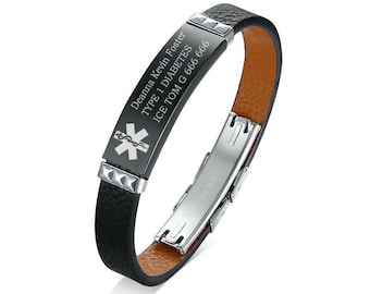 Customize Medical Alert Stailess Steel ID Tag Bracelet Black Leather Free Engraving