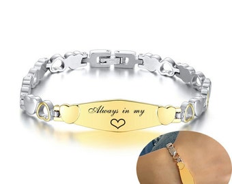 Women Men's Personalize ID Bar Bracelets with Heart Chain Anniversary Gifts Free Engraving