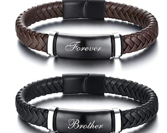 Men's Personalized Leather Bracelets with Black ID Bar Custom Jewelry Free Engraving