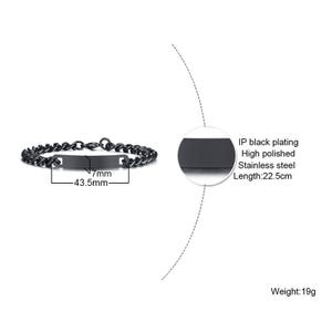 May include: A black stainless steel chain bracelet with a central rectangular ID plate. The plate measures 43.5mm by 7mm. The bracelet has an IP black plating, a high polished finish, a total length of 22.5cm, and a total weight of 19g.
