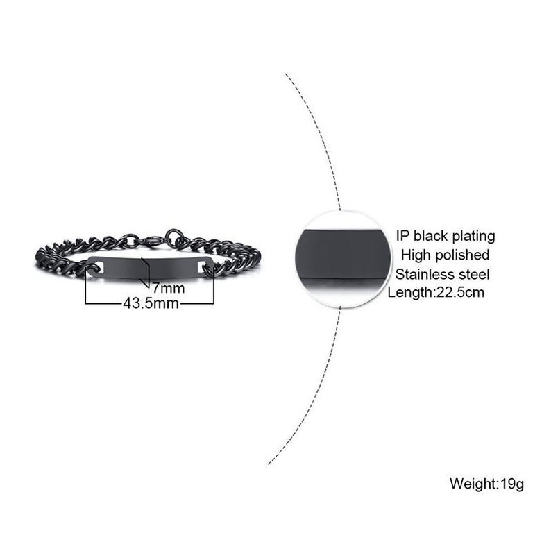 May include: A black stainless steel chain bracelet with a central rectangular ID plate. The plate measures 43.5mm by 7mm. The bracelet has an IP black plating, a high polished finish, a total length of 22.5cm, and a total weight of 19g.