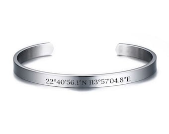 Customized Coordinate Cuff Bangles Bracelets Stainless Steel Rose Gold/Gold/Silver/Black Free Engraving