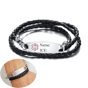 Black Leather Medical Alert ID Bracelets for Men Women Custom SOS Reminder Jewelry Free Engraving