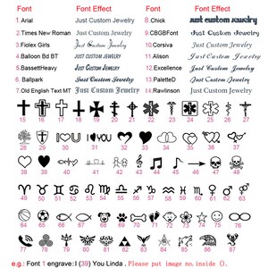 May include: A chart titled Font/Image Options displaying 14 numbered font styles with the text Just Custom Jewelry, followed by 73 numbered black icons including crosses, hearts, zodiac signs, animals, and symbols, with ordering instructions.
