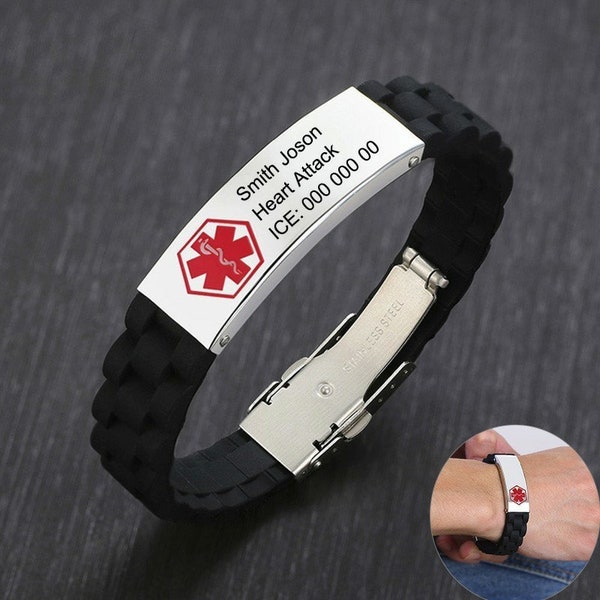 Silikon Armband für Männer Personalisieren Medizinische Alarm Armband Edelstahl ID Tag Armbänder Freie Gravur