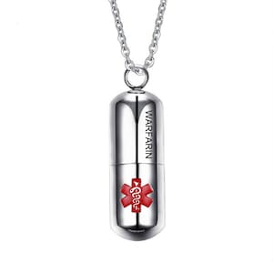 Silber personalisierte Pille Container Halter zu öffnenden medizinischen Alarm Anhänger, Pille Medaillon Halskette, benutzerdefinierte ICE Info Notfall Halskette