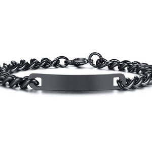 May include: A matte black metal chain bracelet featuring a smooth, rectangular identification plate at the center. The bracelet is constructed with interlocking curb links and includes a secure lobster claw clasp closure at the back.