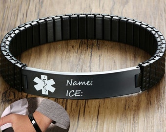 Bracelet d'identification d'alerte médicale élastique pour femmes hommes urgence personnaliser bijoux gravure gratuite