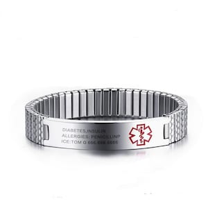 Women Men's Stainless Steel Medical Alert ID Stretch Bracelet Free Engraving