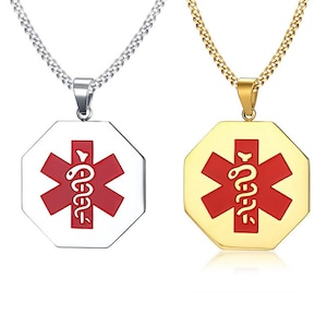 Custom Medical Alert ID Pendant For Men Women, Personalized Medical Memorial Necklace Stainless Steel Emergency Military Text Tags