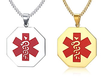 Custom Medical Alert ID Pendant For Men Women, Personalized Medical Memorial Necklace Stainless Steel Emergency Military Text Tags