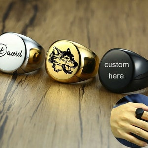 Anel de sinete redondo robusto personalizado com carimbo masculino, punk fraternal, presente de formatura pesado, gravura grátis