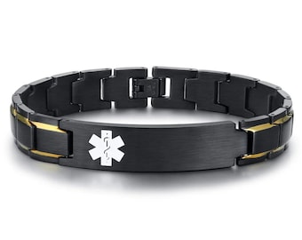 Men's Customize Medical Alert ID Bracelets Engrave Name Words Personalized Male Wristband Stainless Steel Link Chain 8.46" Free Engraving
