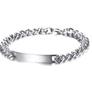 May include: A silver-toned metal chain bracelet featuring a smooth, rectangular identification plate at the center. The bracelet is constructed with interlocking curb links and includes a secure clasp mechanism visible at the back of the chain.