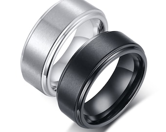 Customize Mens Wedding Bands Rings, BASIC Black/Silver Pure 8MM Tungsten Carbide Matte Brushed Center Rings Personalize Gift Free Engraving