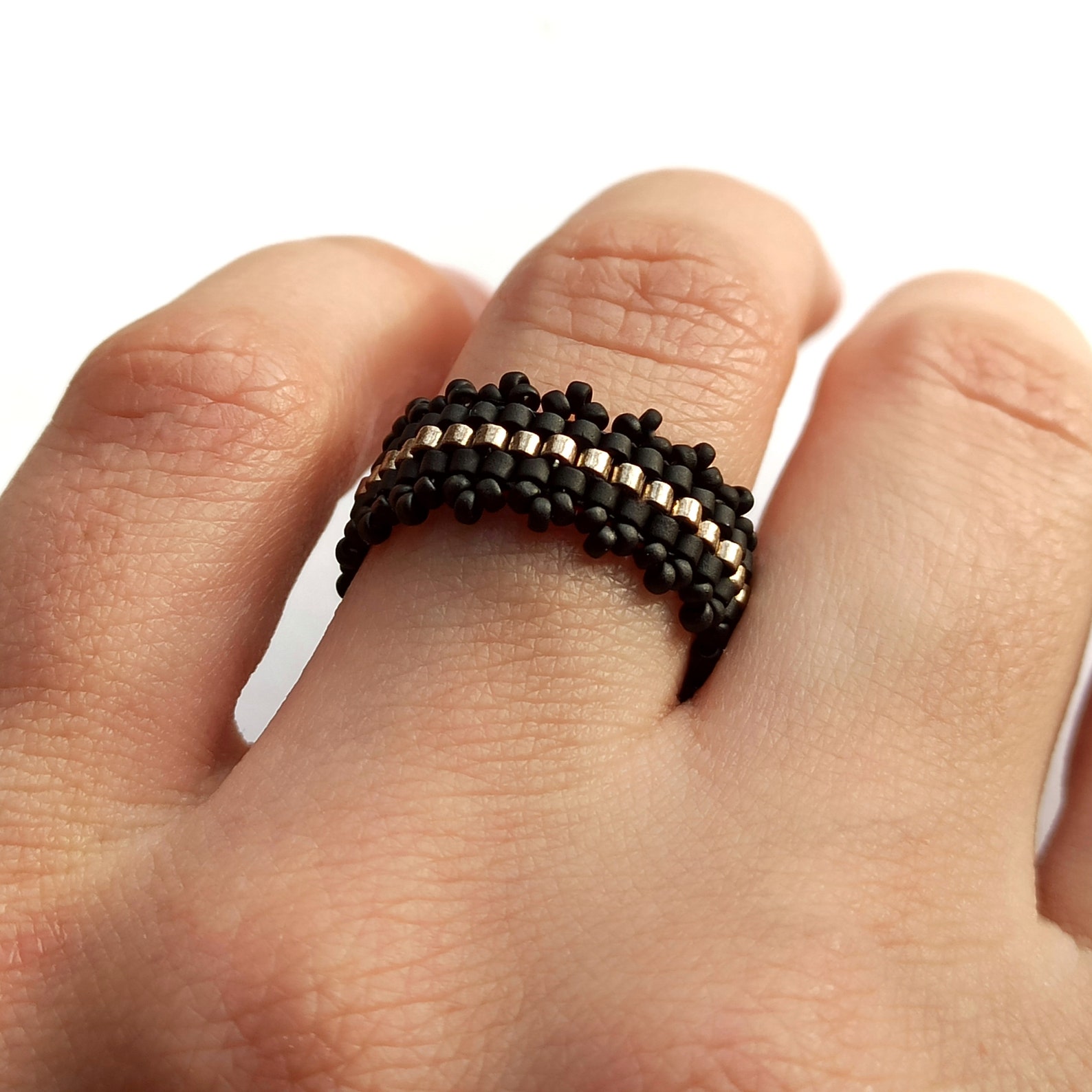 Seed bead rings for women Gold & Black matte ring Flexible Etsy