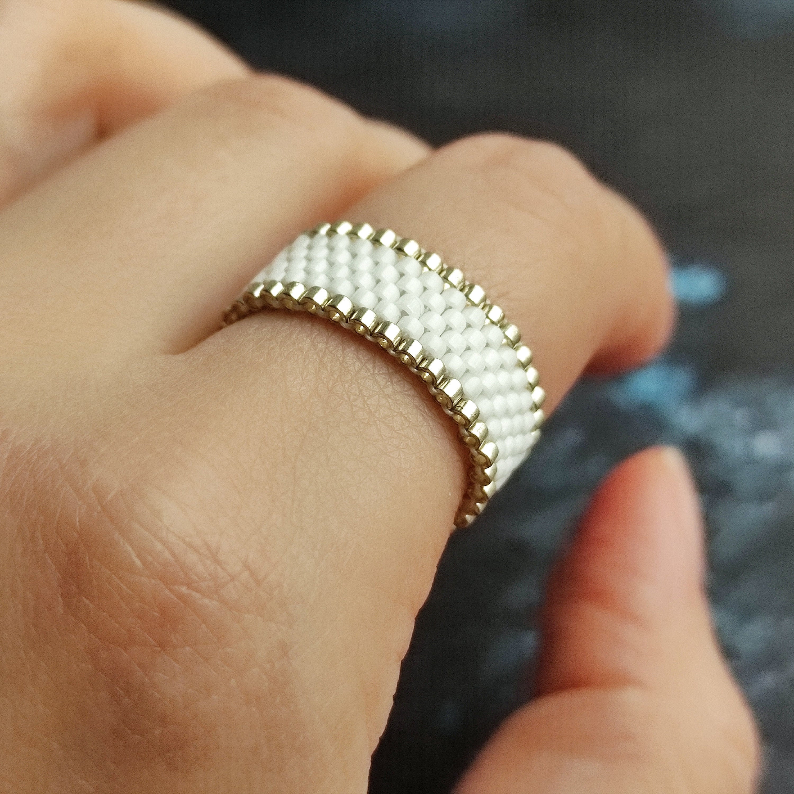 Silver White bead ring for women Flexible band ring Elastic Etsy