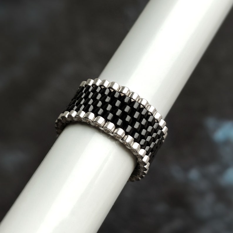 Black beaded ring Flexible ring Ring for women Silver