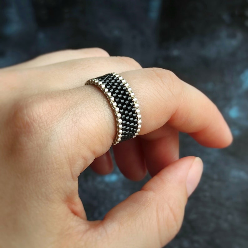 Black beaded ring Flexible ring Ring for women Silver