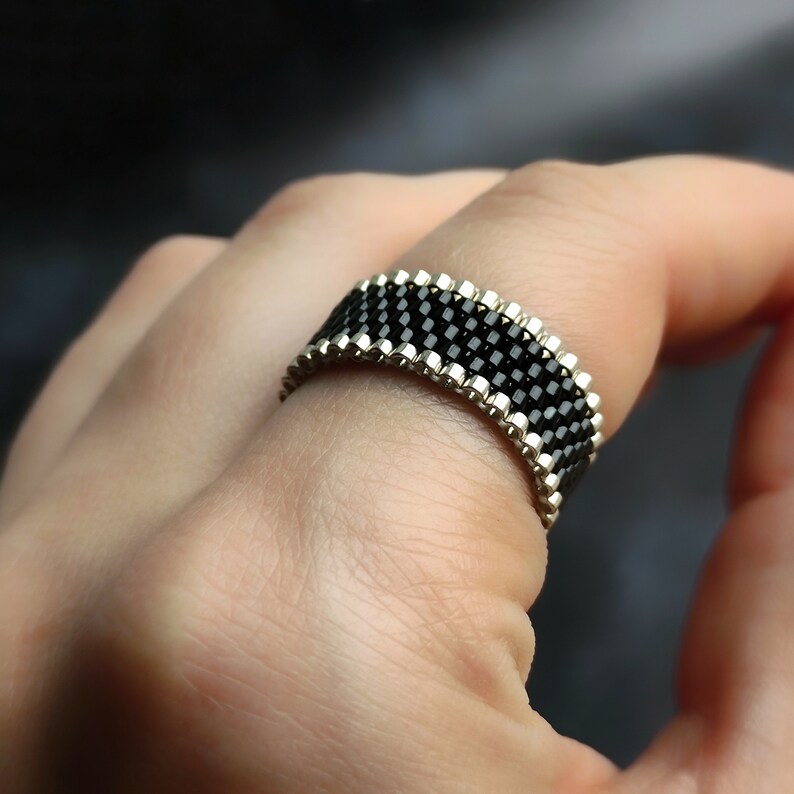 Black beaded ring Flexible ring Ring for women Silver