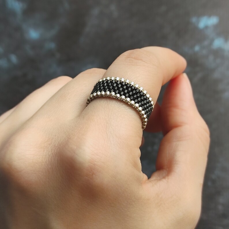 Black beaded ring Flexible ring Ring for women Silver