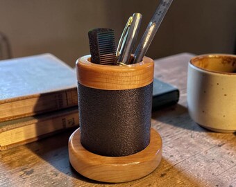 Round Pencil Cup Holder Made of Cherry Wood and Plastic