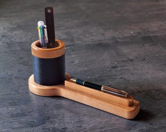 Solid Cherry Desk Organizer with Pen Cup