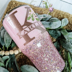 Monogram pink and rose gold ombre glitter tumbler  Personalized for a women  with lid and straw bridesmaid gift  bridal party