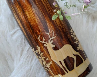 Manly woodgrain inlay tumbler deer scene hunting with lid and straw available in all sizes Shown in a 20 oz regular