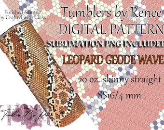 May include: A digital pattern for a 20 ounce skinny straight tumbler with a leopard geode wave design. The pattern includes a sublimation PNG file. The tumbler is 16/4 mm in size. Tumblers by Renee DIGITAL PATTERN SUBLIMATION PNG INCLUDED LEOPARD GEODE WAVE 20 oz. skinny straight SS16/4 mm