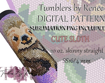 May include: A 20 ounce skinny straight tumbler with a sublimation design of a cute sloth. The tumbler is decorated with rhinestones and has a purple base. The text "Tumblers by Renee", "DIGITAL PATTERN", "SUBLIMATION PNG INCLUDED", "CUTE SLOTH", "20 oz. skinny straight", and "SS16/4 mm" is visible on the image.