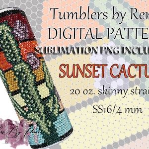 Puede incluir: Un vaso recto delgado de 591 ml con un diseño de Cactus al atardecer. El vaso está cubierto de pedrería en tonos verdes, naranjas, rojos y azules. El texto en la imagen dice "Tumblers by Renee, DIGITAL PATTERN, SUNSET CACTUS".