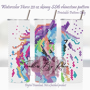 May include: Printable pattern for a 20 ounce skinny tumbler featuring a watercolour horse design with a rhinestone pattern. The pattern is made up of small squares in various colours, including purple, blue, pink, and green. The pattern is designed for SS16 rhinestones.