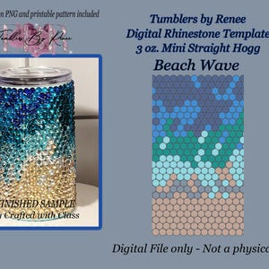 May include: Digital template for a 3 oz. mini straight tumbler with a beach wave design. The template is for creating a rhinestone design on a tumbler. The template shows a blue, green, and beige color scheme. The template is a digital file only and not a physical item.