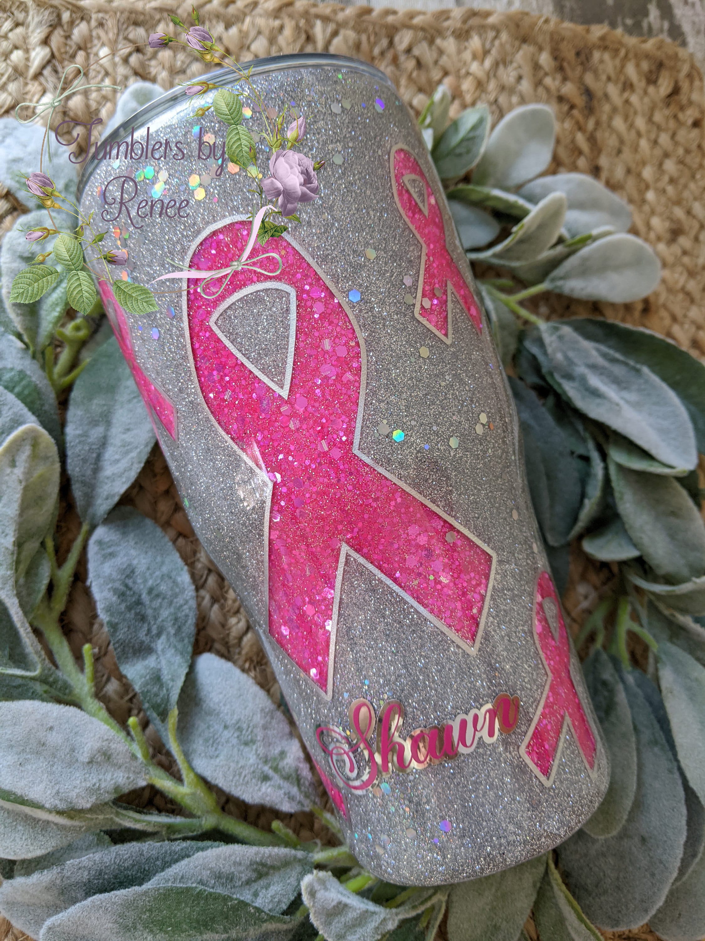 Breast Cancer Awareness Ribbon Pink and Silver Glitter Tumbler, Wine ...