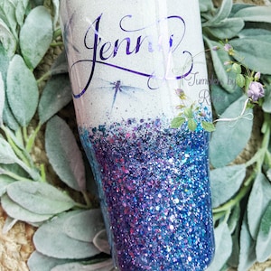 Dragonfly purple glitter tumbler | top quality stainless steel | wine, coffee mug, travel mug, personalized tumbler for women with straw
