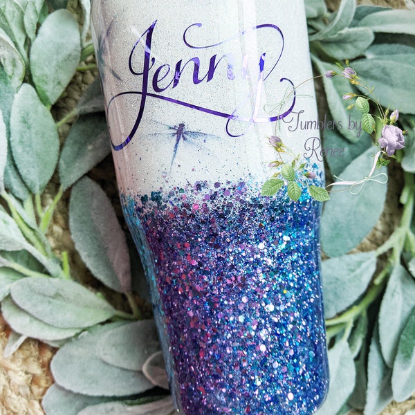 Dragonfly purple glitter tumbler | top quality stainless steel | wine, coffee mug, travel mug, personalized tumbler for women with straw