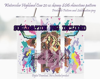 Highland cow rhinestone template 20 oz. skinny straight ss16 stones Watercolor Highland cow pattern Digital download with sublimation design