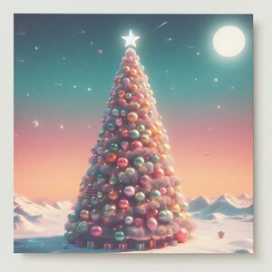 May include: A decorated Christmas tree with a white star on top, set against a snowy landscape under a night sky with a full moon. The tree is adorned with colorful ornaments and lights, with presents at the base.