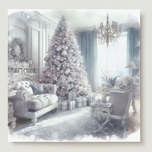May include: Watercolor painting of a luxurious living room decorated for Christmas. A large, snow-covered Christmas tree is the focal point, surrounded by a tufted sofa, armchairs, and wrapped gifts. A chandelier hangs above, and a wreath adorns the fireplace.