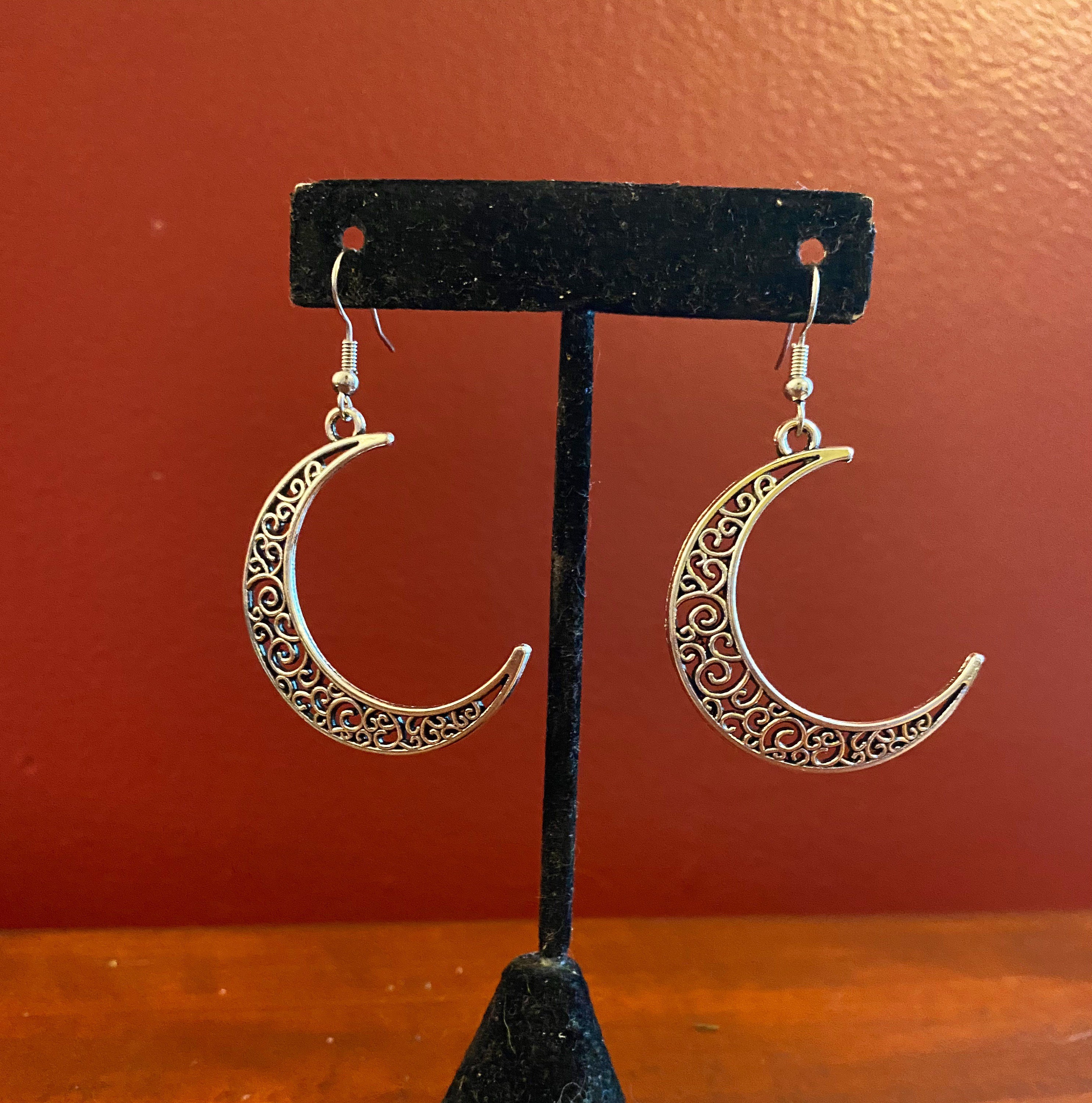Sterling Silver Crescent Moon Dangle Earrings Etsy